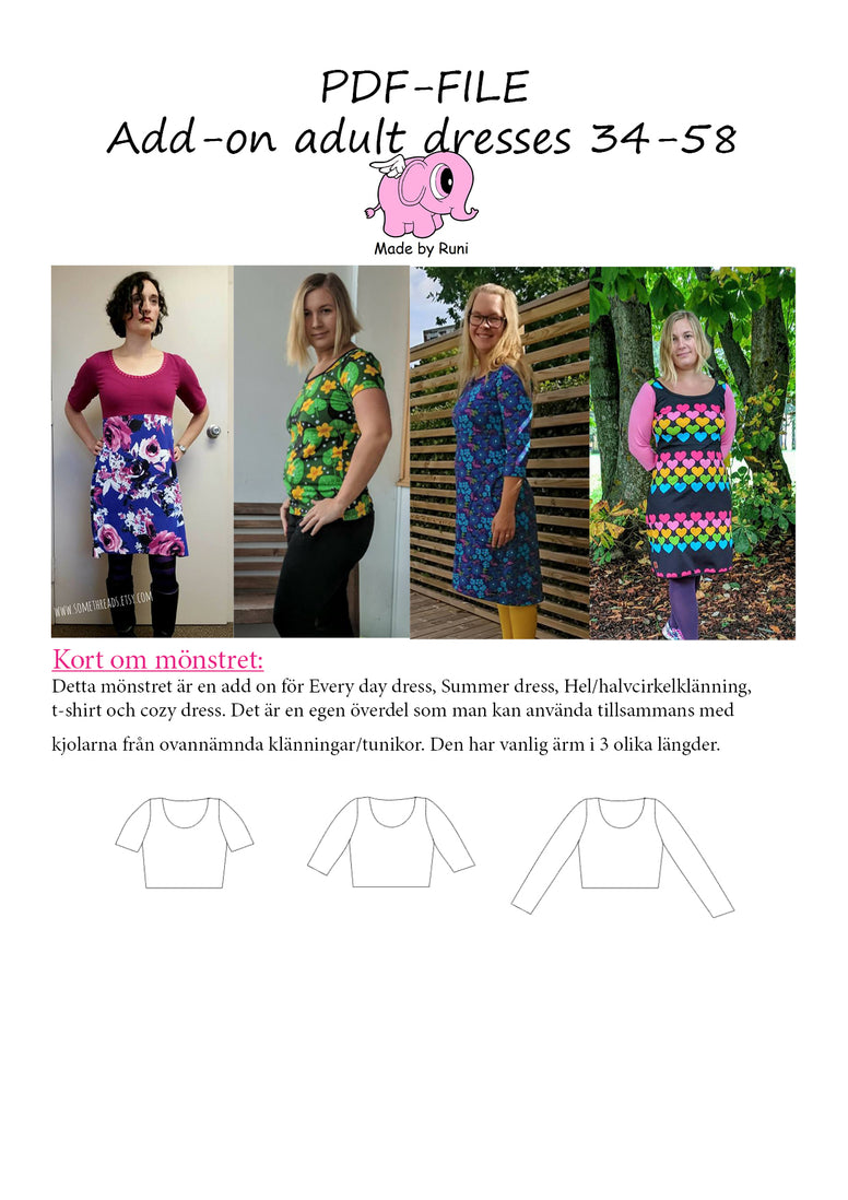 PDF-mønster/pattern: Add on adult dresses & fitted T-shirt