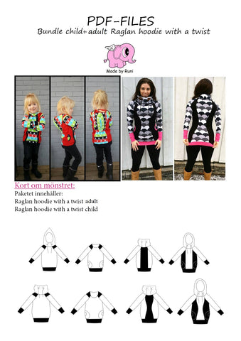 PDF-pakke/bundle: Raglan Hoodie With a Twist: child + adult fitted