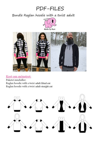 PDF-pakke/bundle: Raglan Hoodie With a Twist adult straight cut + fitted cut