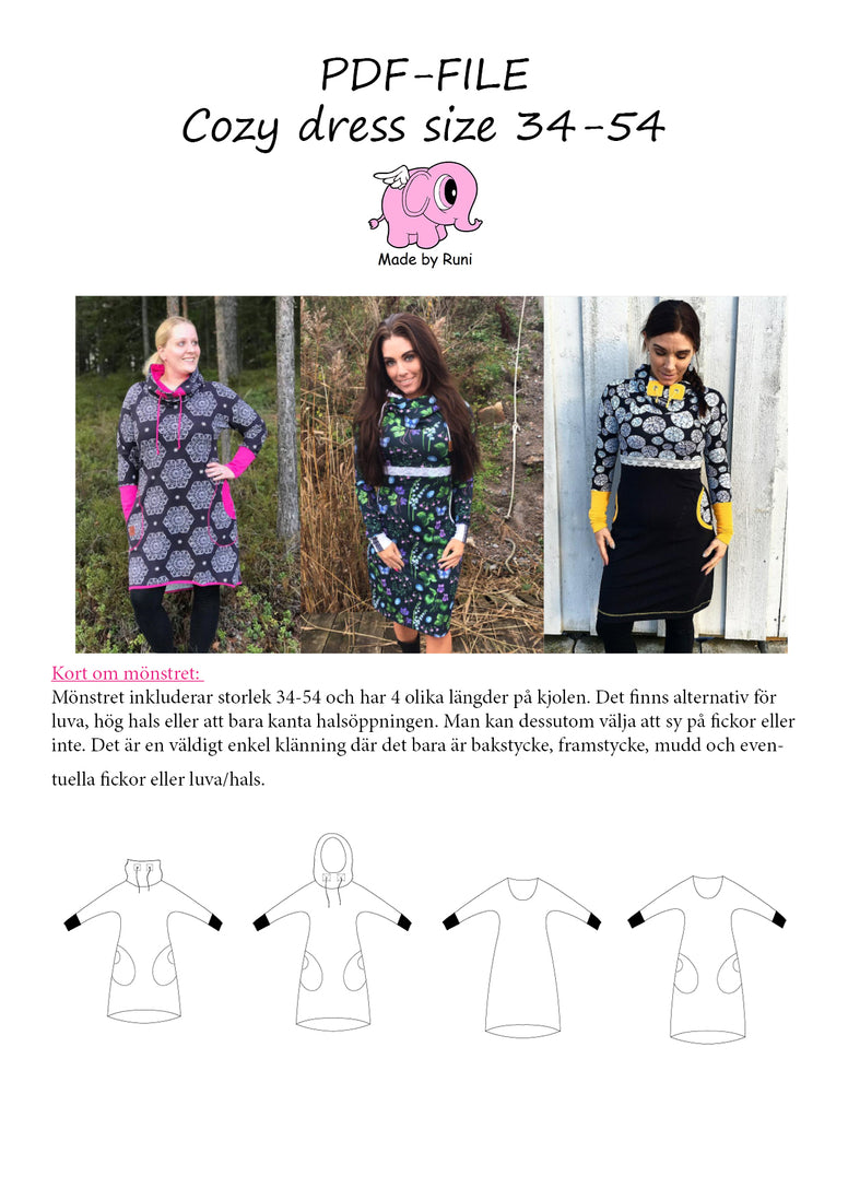 PDF-mønster/pattern: Cozy Dress adult size 34-54 (US 4-24)
