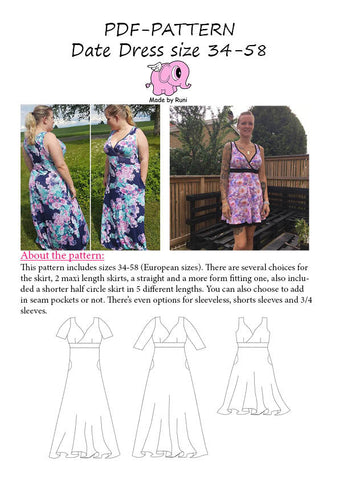 PDF-mønster/pattern: Date dress adult size 34-58 (US 4-28)