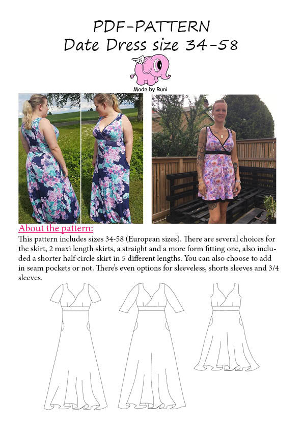 PDF-mønster/pattern: Date dress adult size 34-58 (US 4-28)