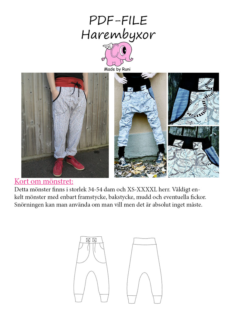 PDF-mønster/pattern: Harembyxa/pants adult size 34-54 (US 4-24)  size XS-XXXXXL