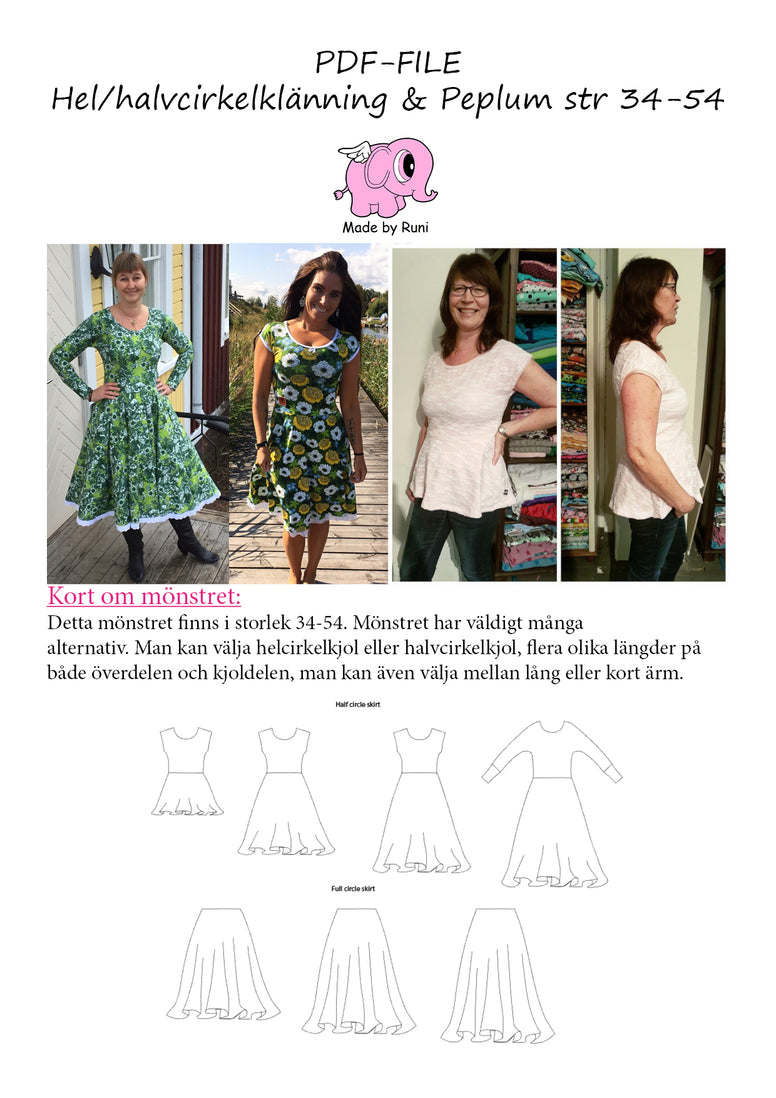 PDF-mønster/pattern: Hel/halvcirkelklänning & peplum (twirl dress) adult size 34-54 (US 4-24)