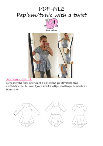 PDF-mønster/pattern: Peplum Tunic With a Twist adult size 34-54 (US 4-24)