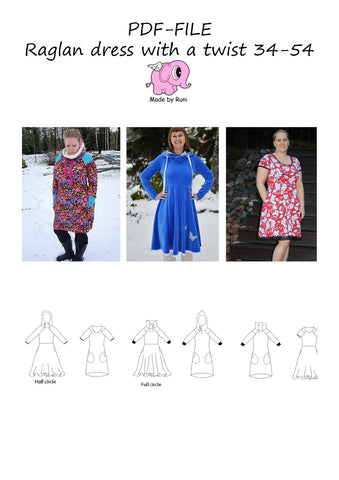 PDF-mønster/pattern: Raglan Dress With a Twist adult size 34-54 (US 4-24)