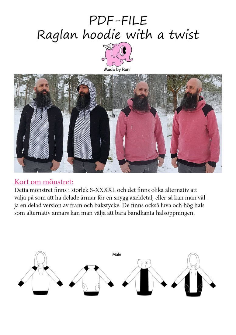 PDF-mønster/pattern: Raglan Hoodie With a Twist adult straight cut size S-XXXXL