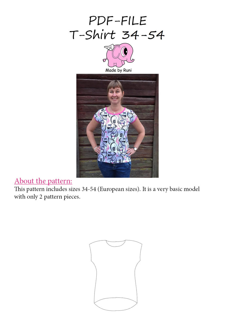 PDF-mønster/pattern: T-shirt adult fitted cut size 34-54 (US 4-24)