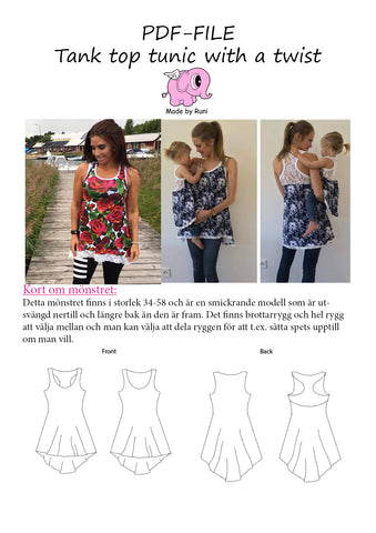 PDF-mønster/pattern: Tank Top Tunic With a Twist adult size 34-58 (US 4-28)