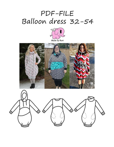 PDF-mønster/pattern: Balloon dress adult size 32-54 (2-24)