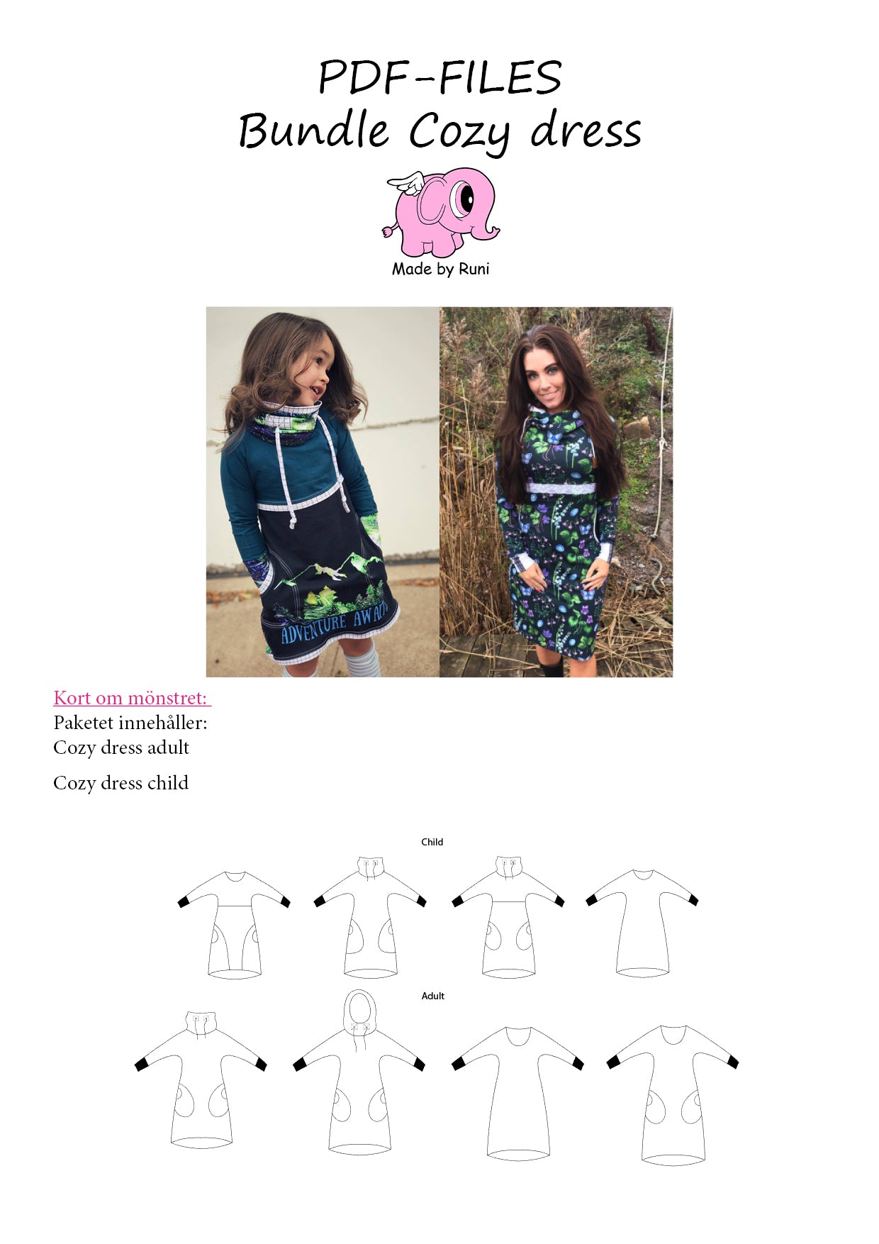 PDF-pakke/bundle: Cozy Dress child + adult – Made by Runi
