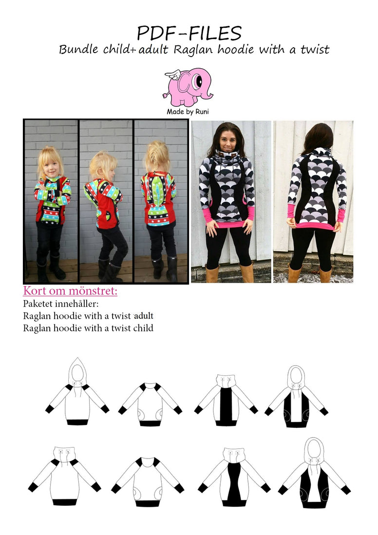 PDF-pakke/bundle:  Raglan Hoodie With a Twist: child + adult fitted