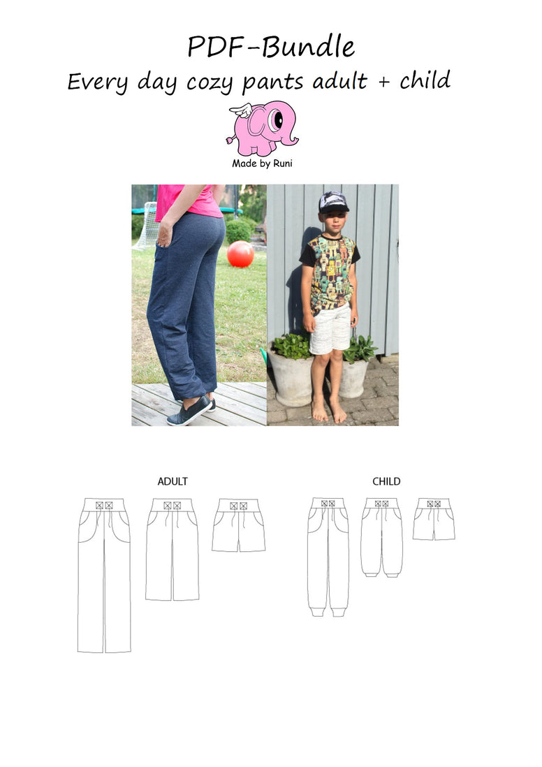 PDF-pakke/bundle: Every day cozy pants adult curved fit + child