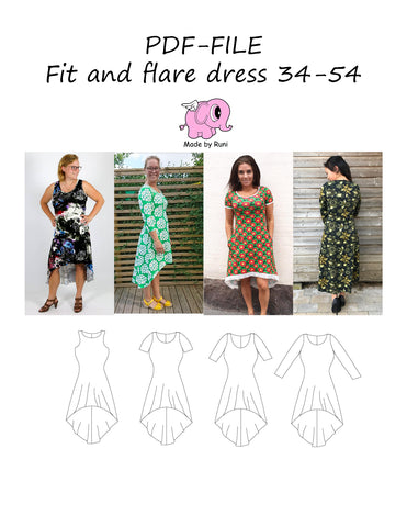 PDF-mønster/pattern: Fit and Flare dress adult 34-54