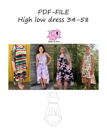 PDF-mønster/pattern: High Low Dress adult size 34-58 (US 2-28)