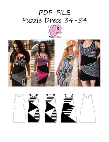 PDF-mønster/pattern: Puzzle Dress adult size 34-54 (US 4-24)