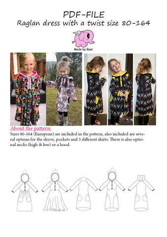 PDF-mønster/pattern: Raglan Dress With a Twist child size 80-164 (US 12m-14y)